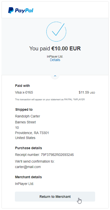 PAYPAL Receipt. PAYPAL transaction confirmation. PAYPAL payment screenshot.